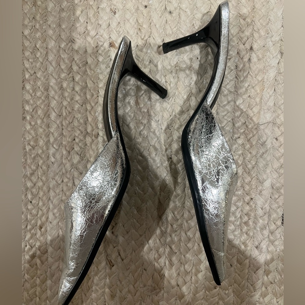 Zara Metallic Silver Pointed-Toe Women’s Kitten Heels - Picture 3 of 5
